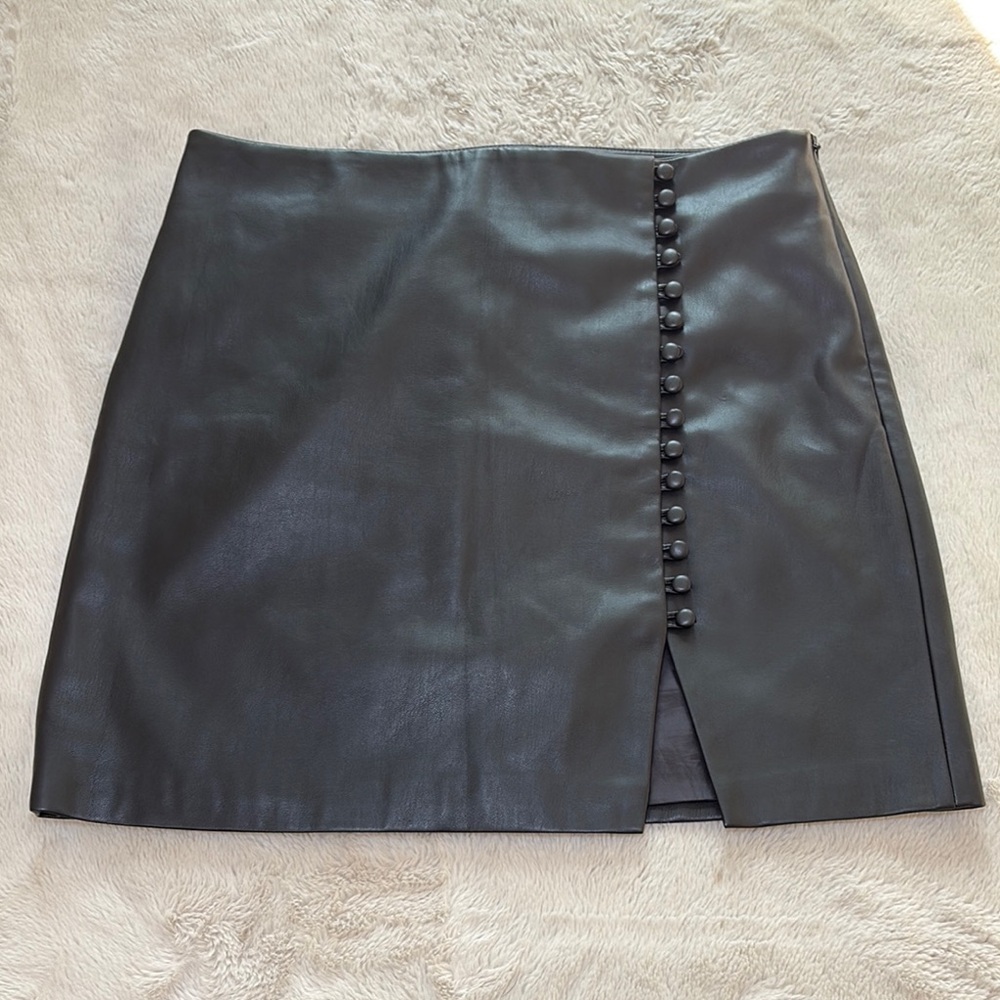 River Island Charcoal Faux Leather Mini Skirt with Button Accents
